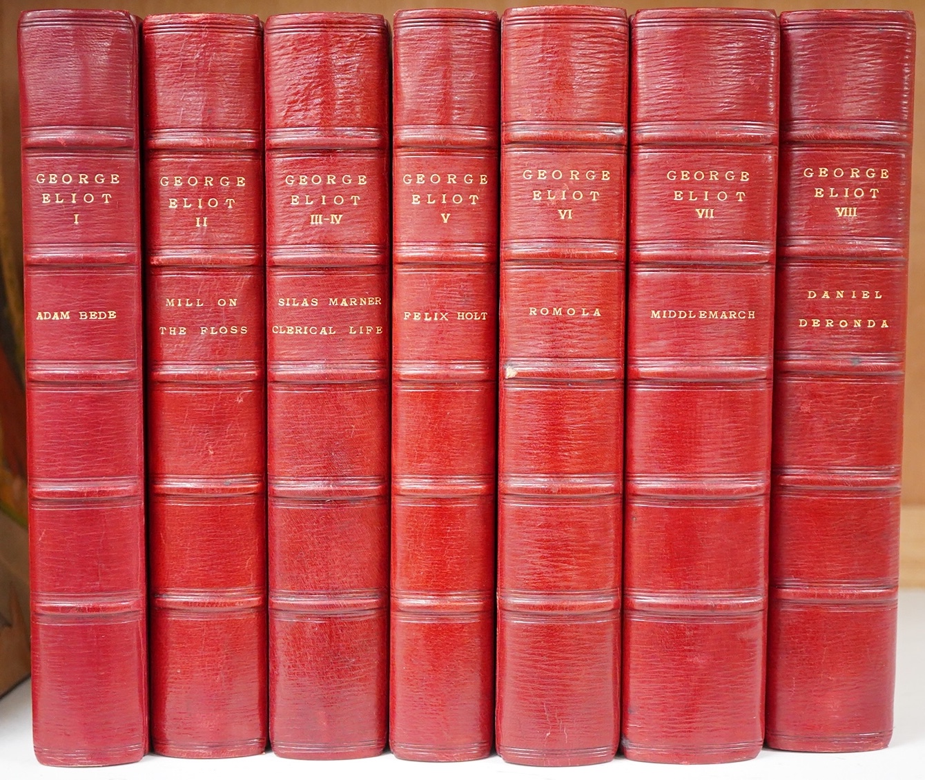 Eliot, George - Novels of George Eliot. new edition, 8 vols. (in 7). half titles; 20th cent. red half morocco and marbled boards, gilt lettered panelled spines, gilt tops and marbled e/ps., cr.8vo. Edinburgh: William Bla